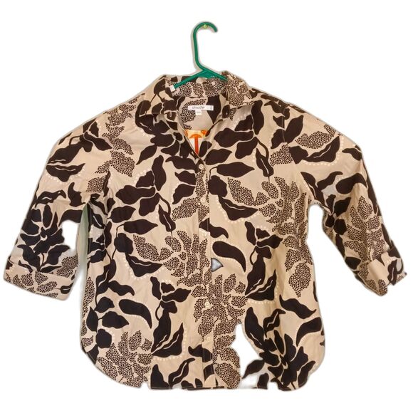 Chico's NWT No Iron™ Stretch blouse black brown flowers sz. 2 / 12 made - Picture 2 of 10